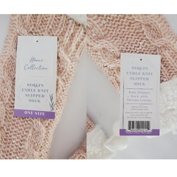 NWT Home Collection Pink Sequin Cable Knit Slipper Socks w Plush Sherpa Lining - Picture 5 of 7